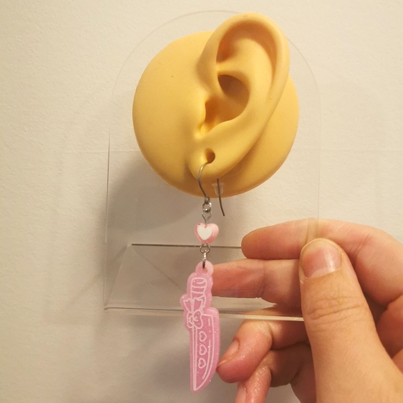 SOLD - FREE GIFT WITH PURCHASE OVER $20 New Resin Pink Sparkly Knife Earrings - Picture 3 of 7